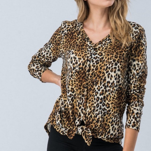 leopard print button down with front knot top - Picture 2 of 7